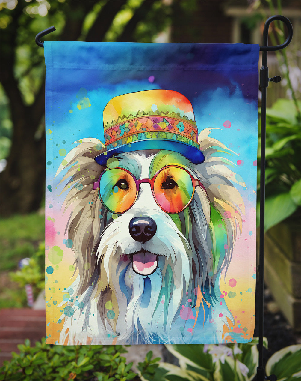Bearded Collie Hippie Dawg Garden Flag – Retro Dog with Sunglasses & Multicolored Background