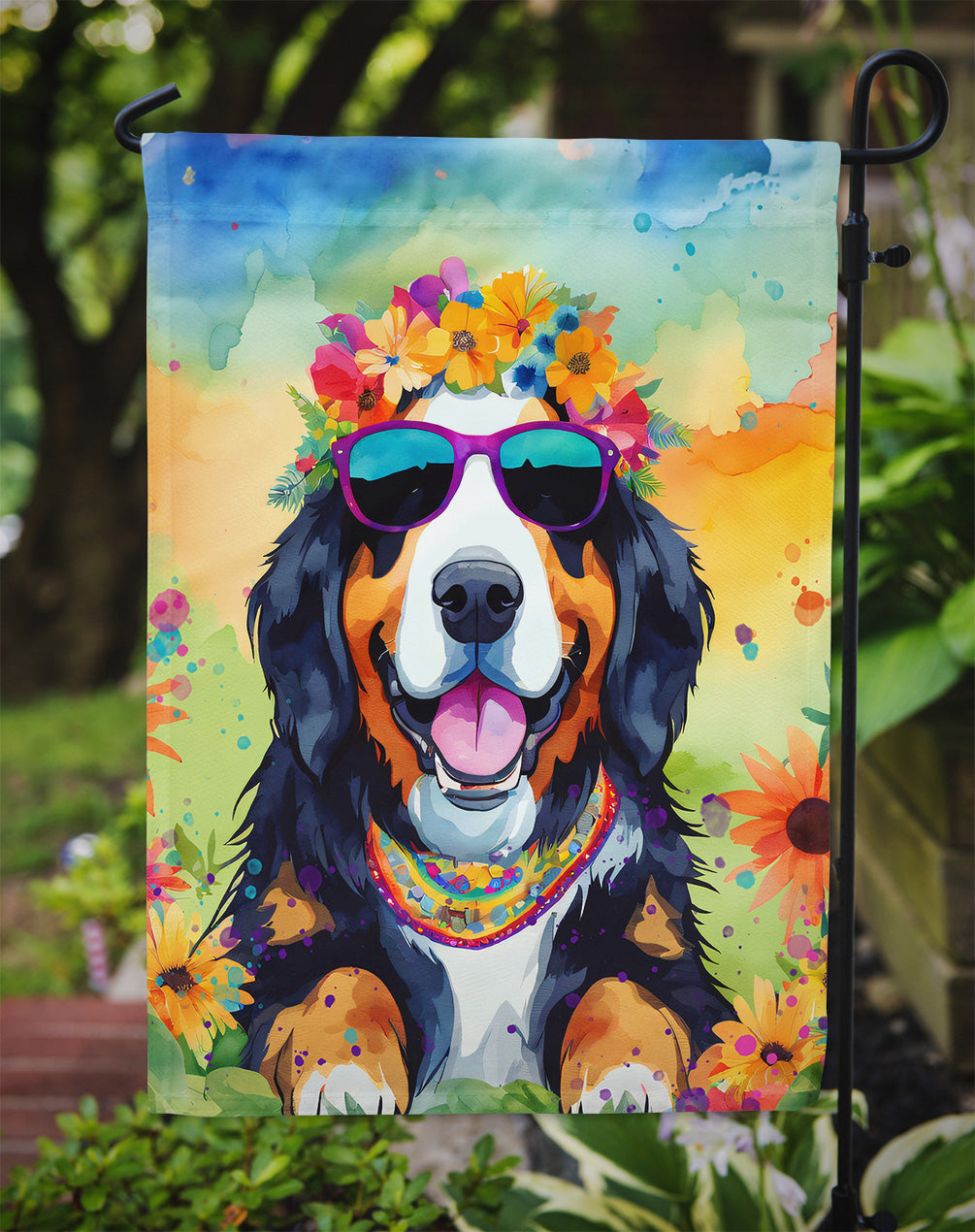 Bernese Mountain Dog Hippie Dawg Garden Flag – Retro Dog with Sunglasses & Multicolored Background
