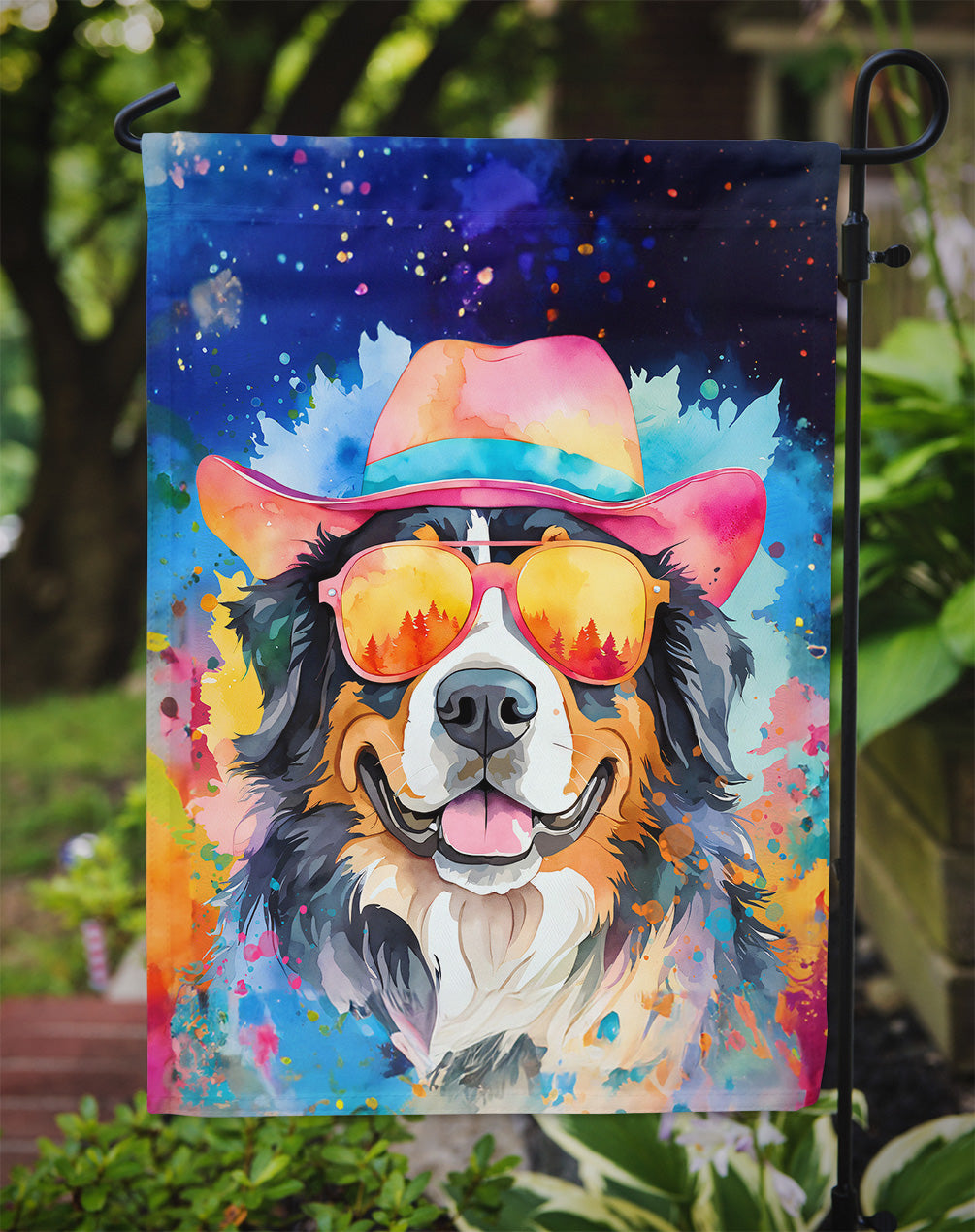 Bernese Mountain Dog Hippie Dawg Garden Flag – Retro Dog with Sunglasses & Multicolored Background