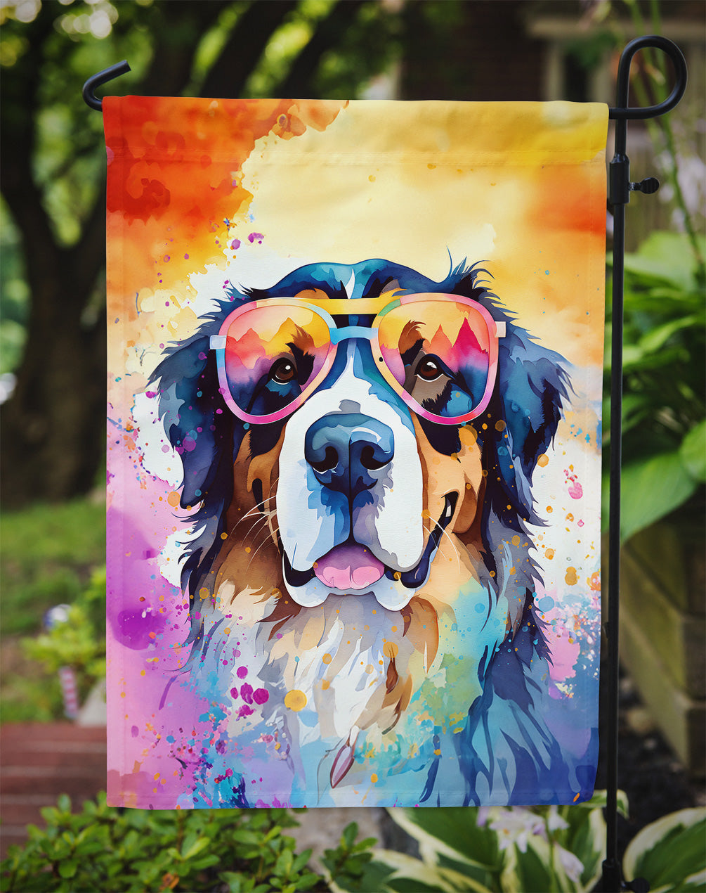 Bernese Mountain Dog Hippie Dawg Garden Flag – Retro Dog with Sunglasses & Multicolored Background