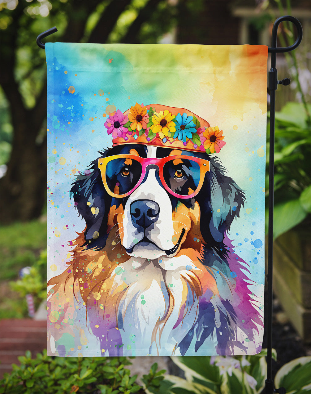 Bernese Mountain Dog Hippie Dawg Garden Flag – Retro Dog with Sunglasses & Multicolored Background