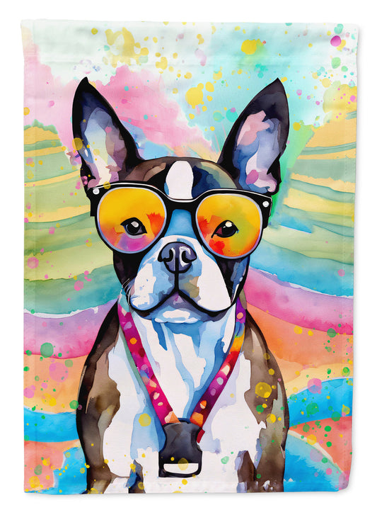 Boston Terrier Hippie Dawg Garden Flag – Retro Dog with Sunglasses & Multicolored Background