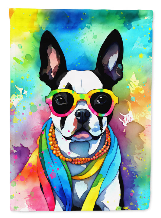 Boston Terrier Hippie Dawg Garden Flag – Retro Dog with Sunglasses & Multicolored Background