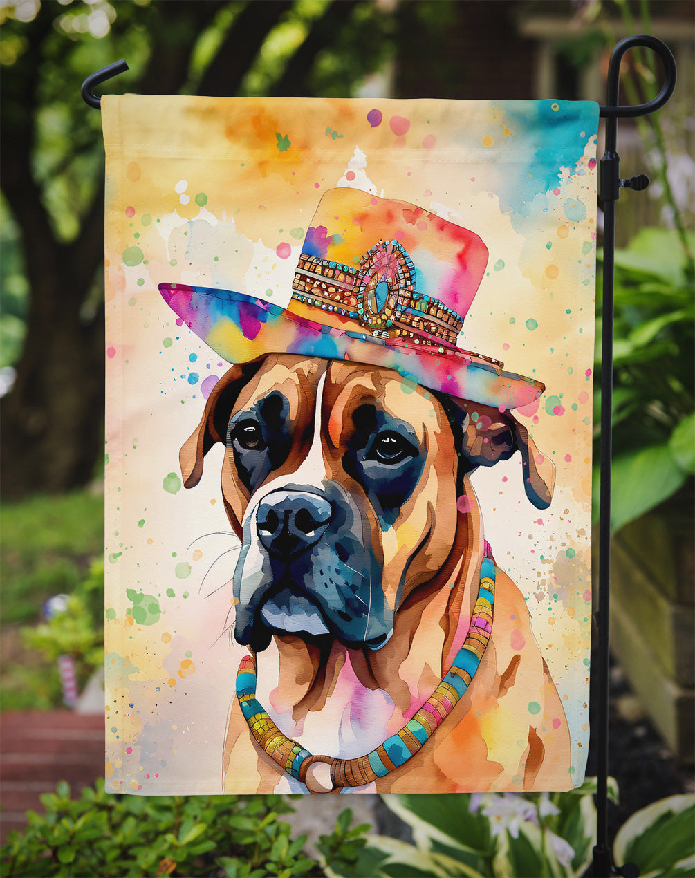 Boxer Hippie Dawg Garden Flag – Retro Dog with Sunglasses & Multicolored Background