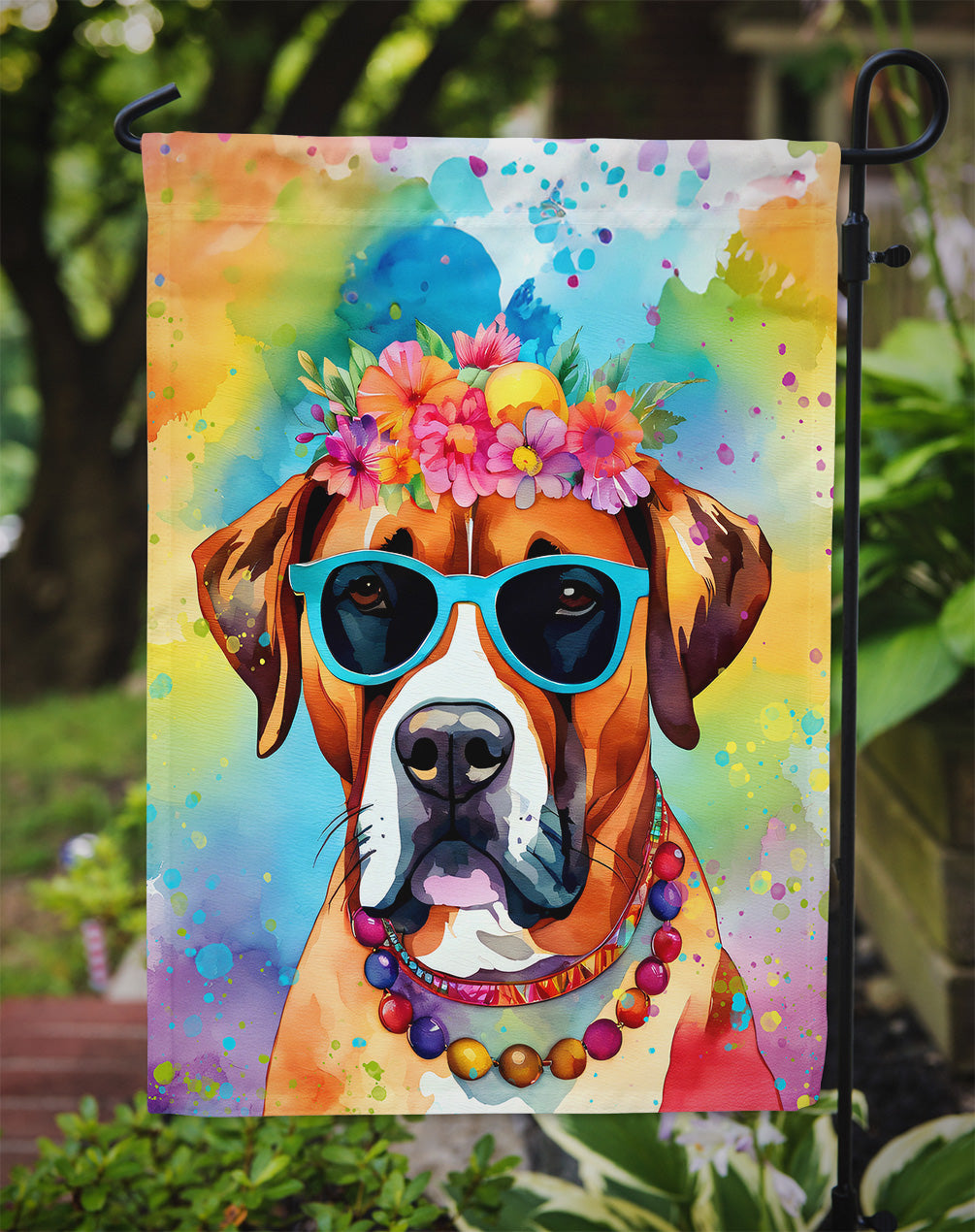 Boxer Hippie Dawg Garden Flag – Retro Dog with Sunglasses & Multicolored Background