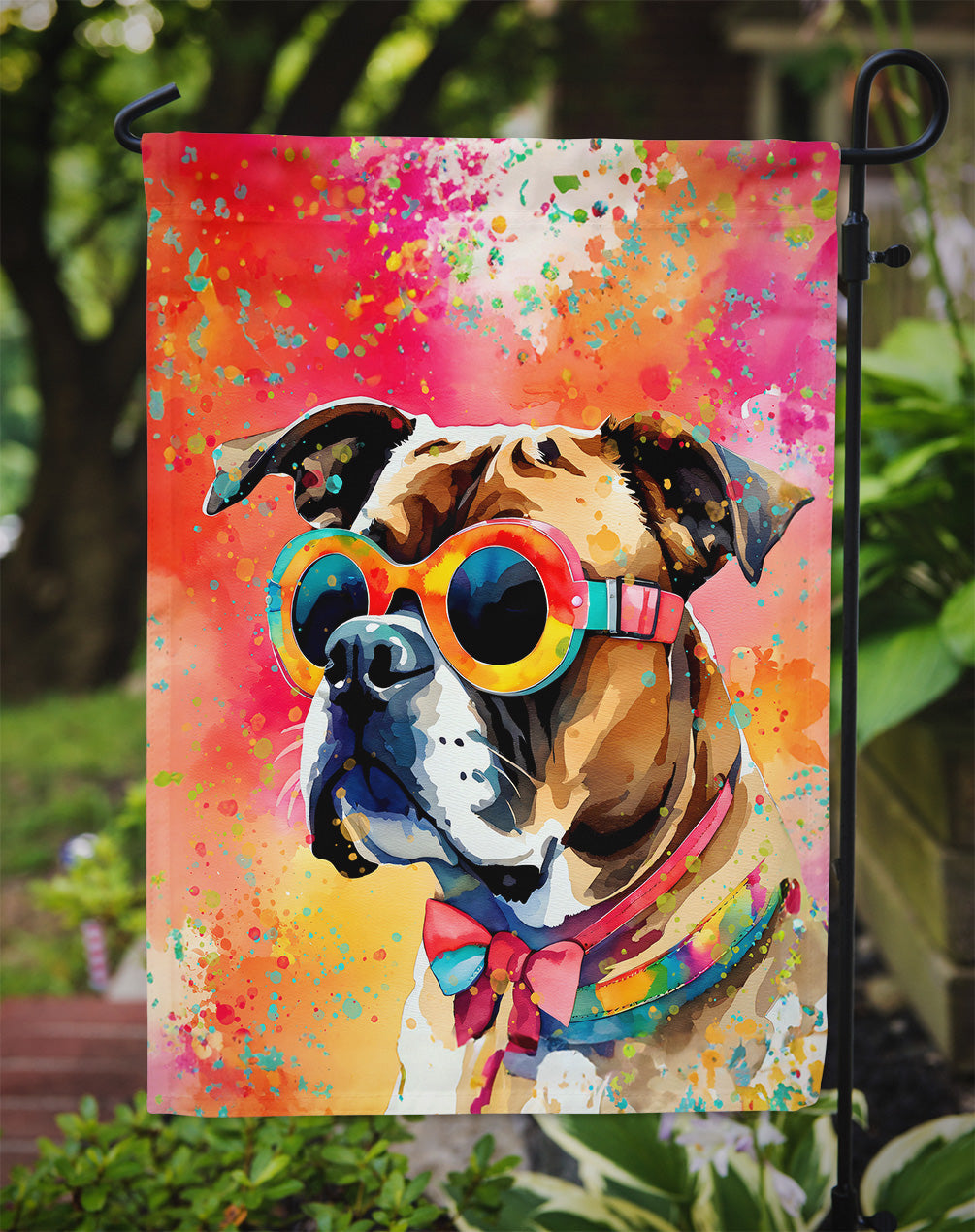 Boxer Hippie Dawg Garden Flag – Retro Dog with Sunglasses & Multicolored Background