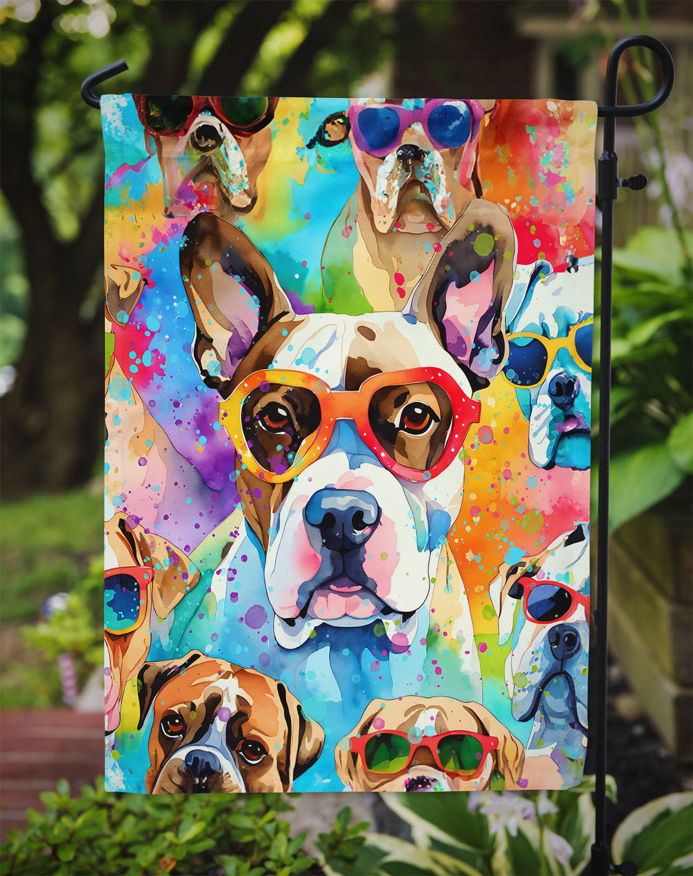Boxer Hippie Dawg Garden Flag – Retro Dog with Sunglasses & Multicolored Background