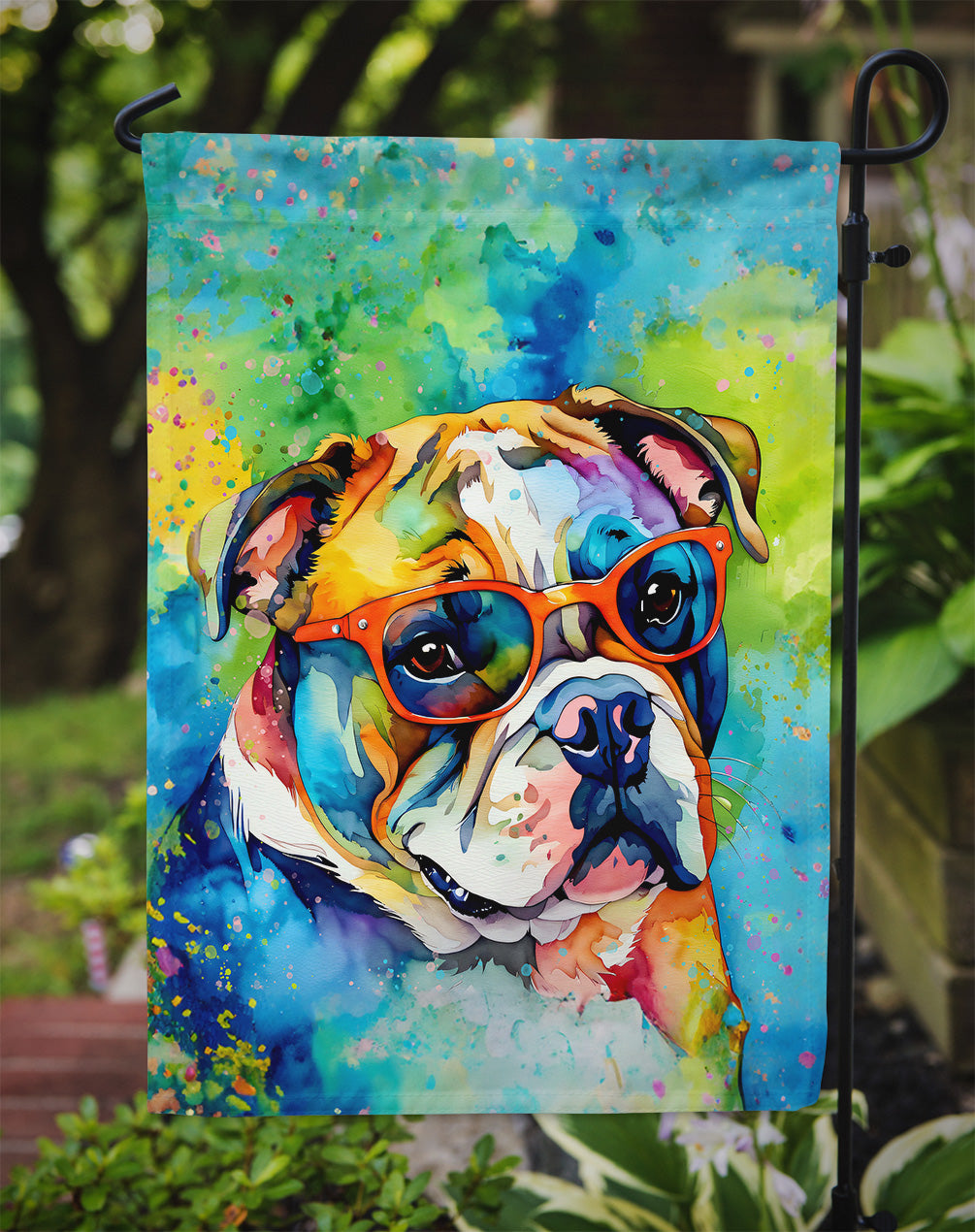 English Bulldog Hippie Dawg Garden Flag – Retro Dog with Sunglasses & Multicolored Background