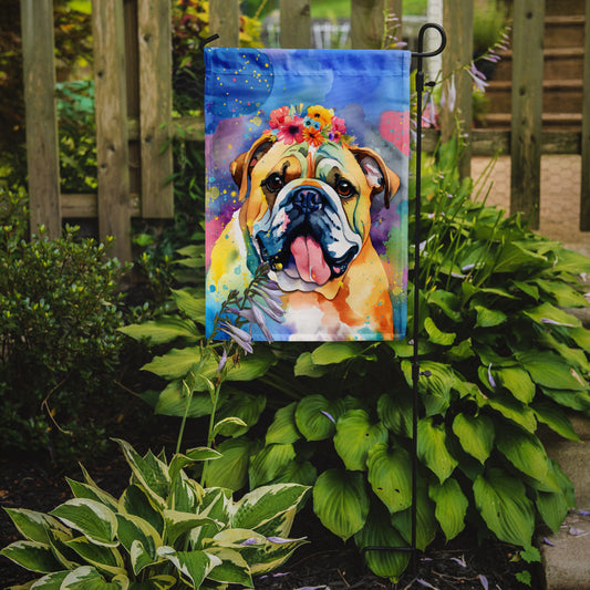 English Bulldog Hippie Dawg Garden Flag – Retro Dog with Sunglasses & Multicolored Background