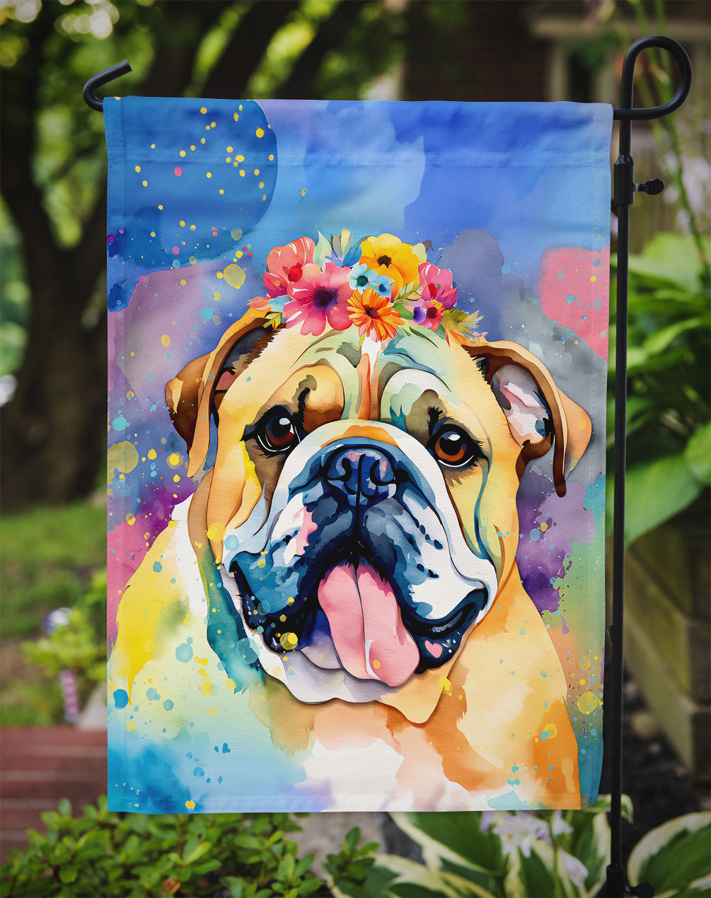 English Bulldog Hippie Dawg Garden Flag – Retro Dog with Sunglasses & Multicolored Background