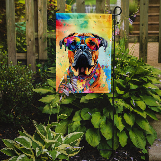 Bullmastiff Hippie Dawg Garden Flag – Retro Dog with Sunglasses & Multicolored Background