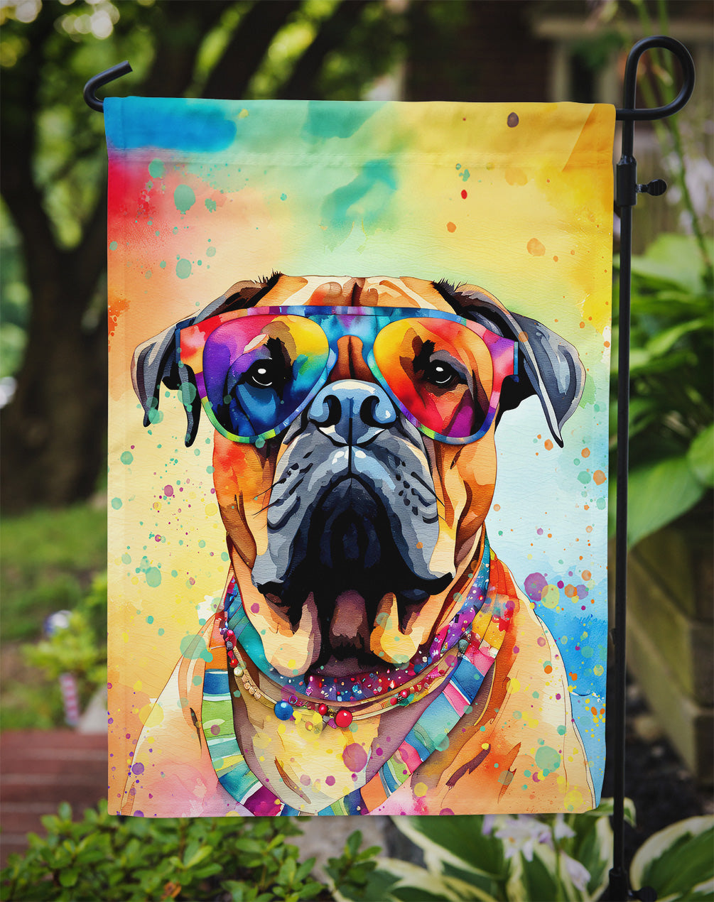 Bullmastiff Hippie Dawg Garden Flag – Retro Dog with Sunglasses & Multicolored Background