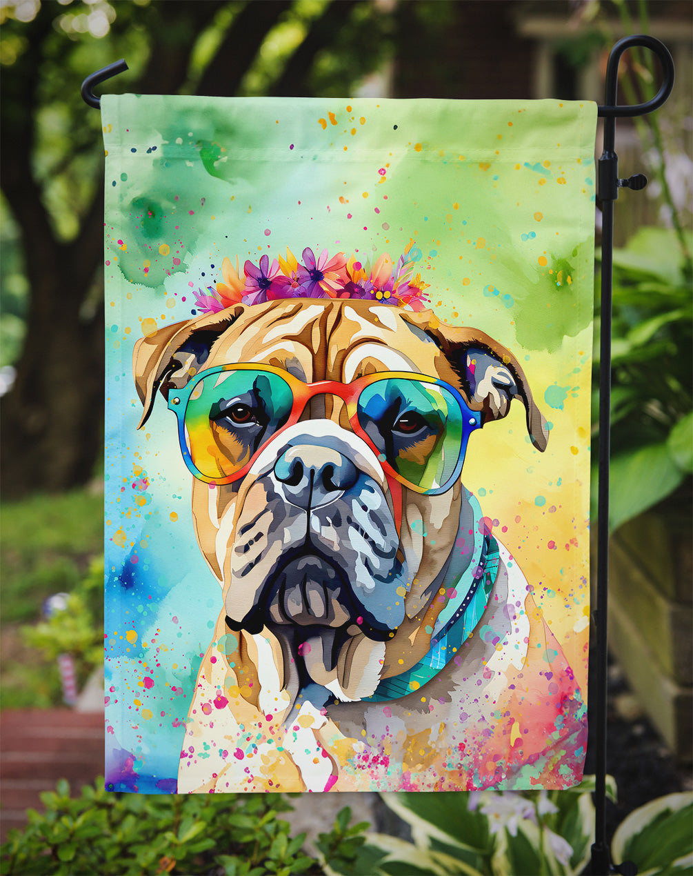 Bullmastiff Hippie Dawg Garden Flag – Retro Dog with Sunglasses & Multicolored Background