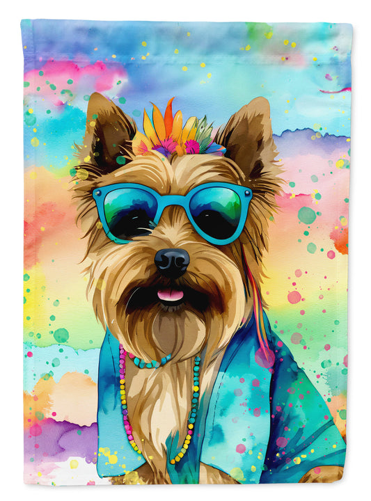 Cairn Terrier Hippie Dawg Garden Flag – Retro Dog with Sunglasses & Multicolored Background