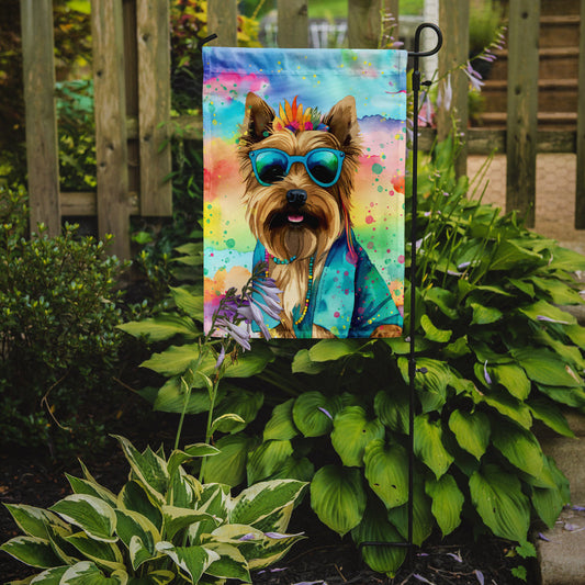 Cairn Terrier Hippie Dawg Garden Flag – Retro Dog with Sunglasses & Multicolored Background