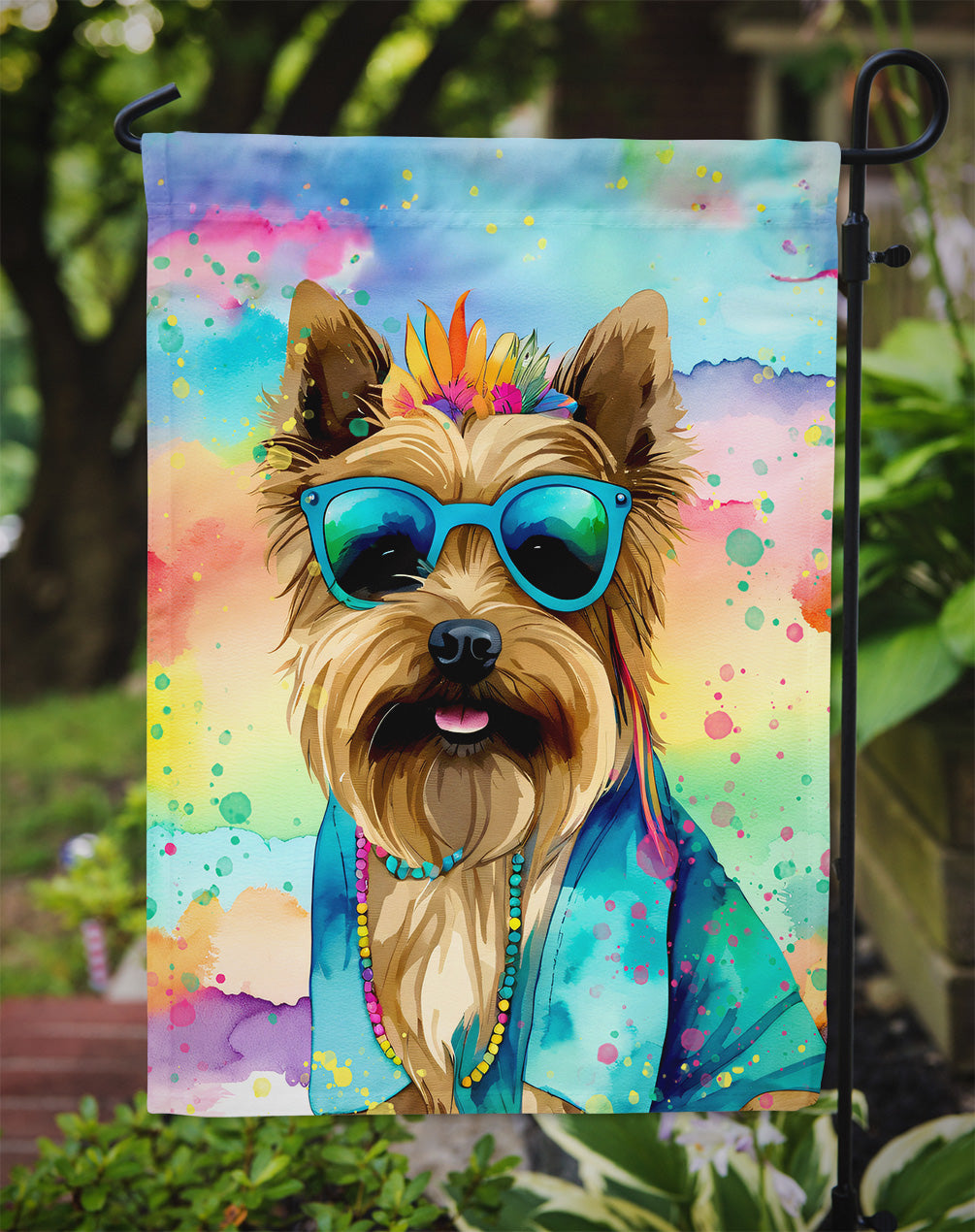 Cairn Terrier Hippie Dawg Garden Flag – Retro Dog with Sunglasses & Multicolored Background