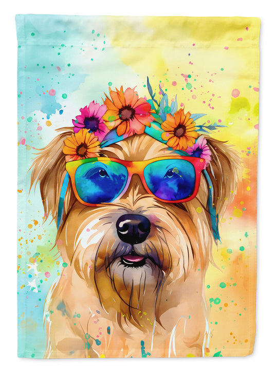 Cairn Terrier Hippie Dawg Garden Flag – Retro Dog with Sunglasses & Multicolored Background