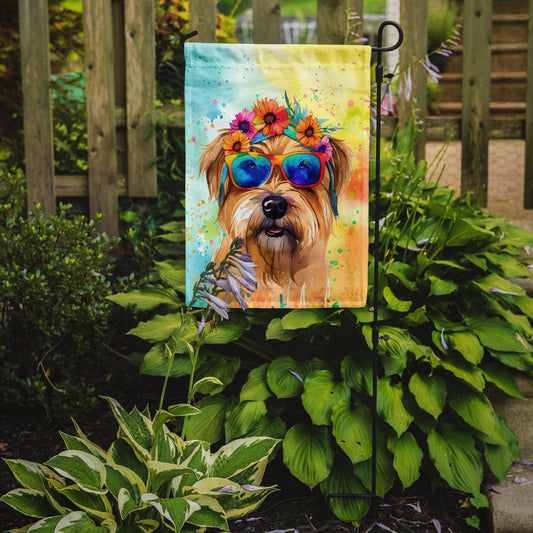 Cairn Terrier Hippie Dawg Garden Flag – Retro Dog with Sunglasses & Multicolored Background