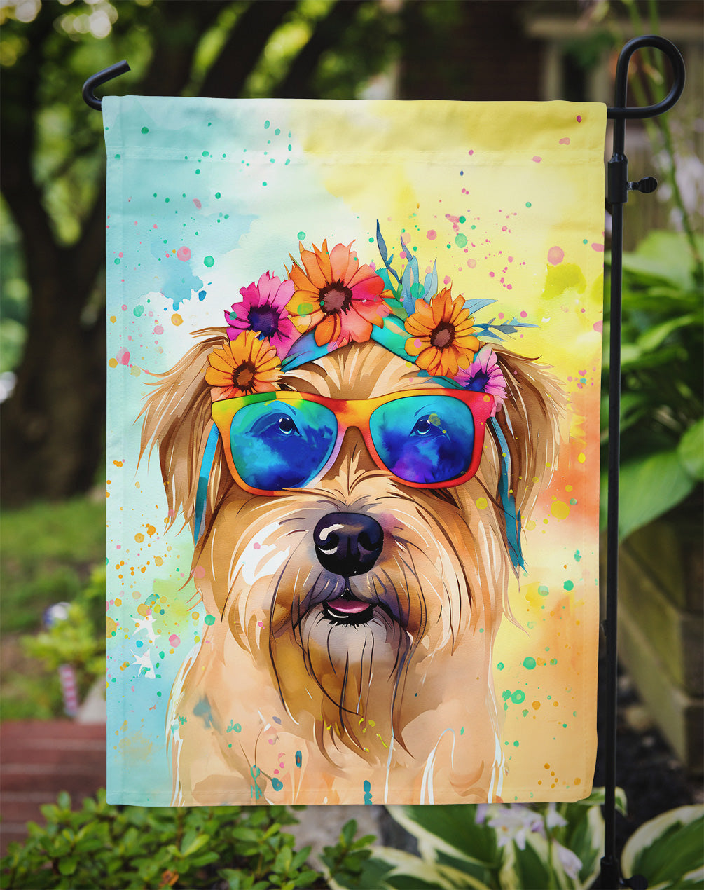 Cairn Terrier Hippie Dawg Garden Flag – Retro Dog with Sunglasses & Multicolored Background