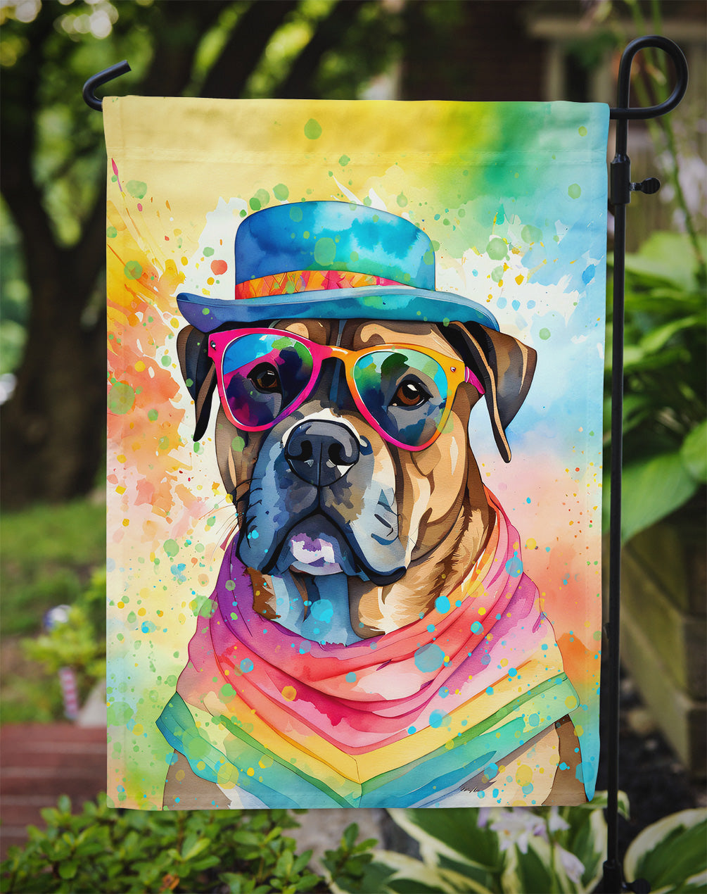 Cane Corso Hippie Dawg Garden Flag – Retro Dog with Sunglasses & Multicolored Background