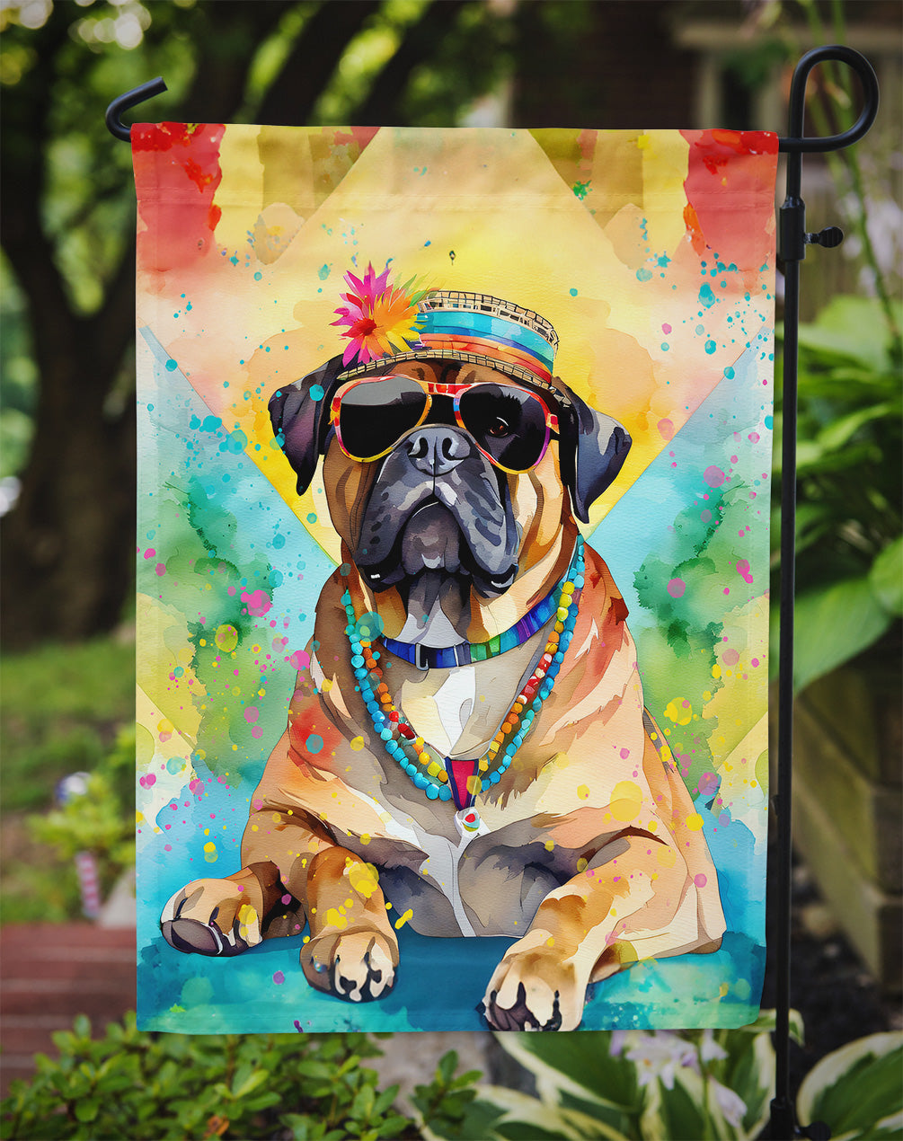 Cane Corso Hippie Dawg Garden Flag – Retro Dog with Sunglasses & Multicolored Background
