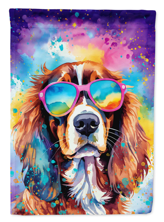 Cavalier Spaniel Hippie Dawg Garden Flag – Retro Dog with Sunglasses & Multicolored Background