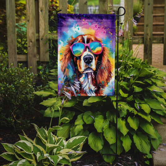 Cavalier Spaniel Hippie Dawg Garden Flag – Retro Dog with Sunglasses & Multicolored Background