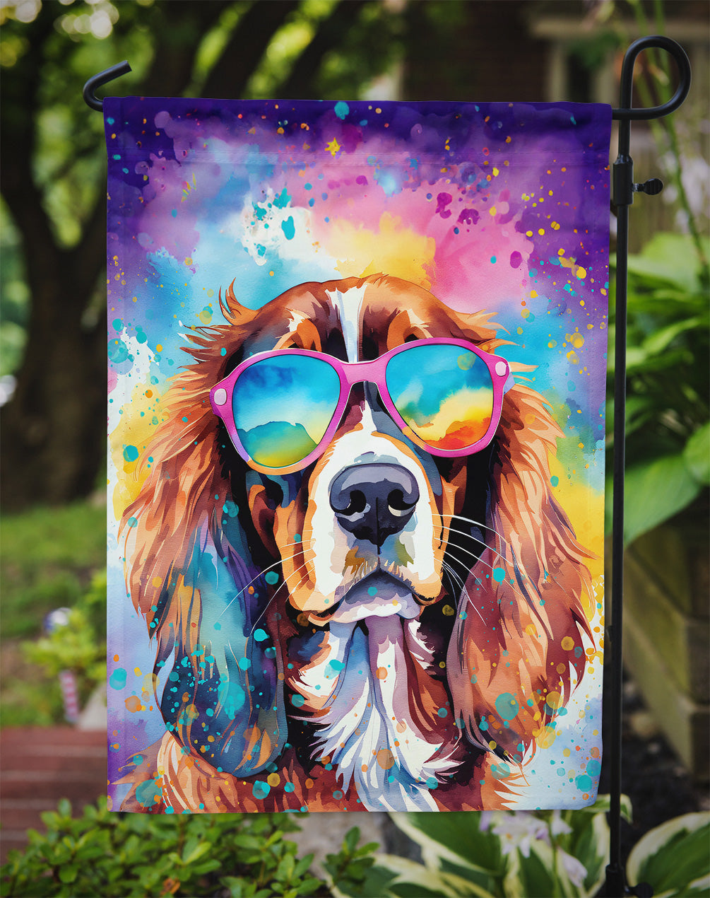 Cavalier Spaniel Hippie Dawg Garden Flag – Retro Dog with Sunglasses & Multicolored Background
