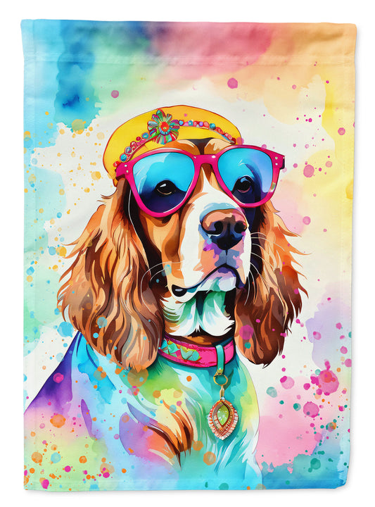 Cavalier Spaniel Hippie Dawg Garden Flag – Retro Dog with Sunglasses & Multicolored Background