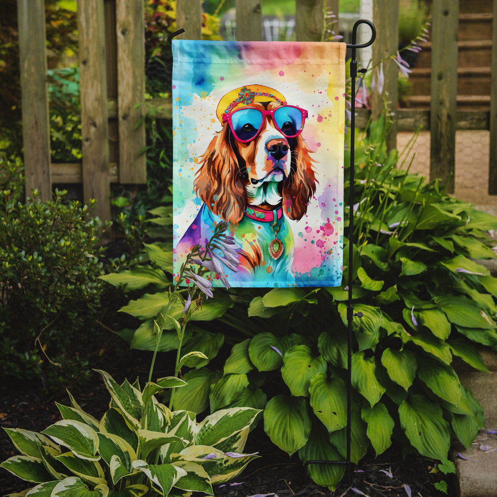 Cavalier Spaniel Hippie Dawg Garden Flag – Retro Dog with Sunglasses & Multicolored Background