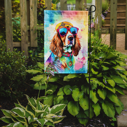 Cavalier Spaniel Hippie Dawg Garden Flag – Retro Dog with Sunglasses & Multicolored Background