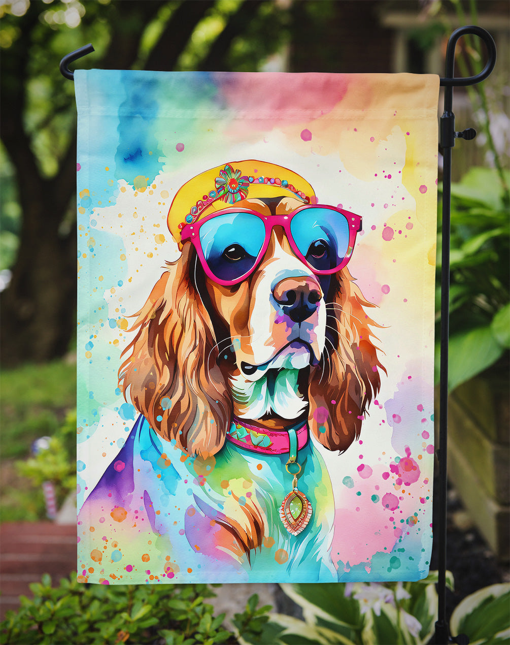 Cavalier Spaniel Hippie Dawg Garden Flag – Retro Dog with Sunglasses & Multicolored Background