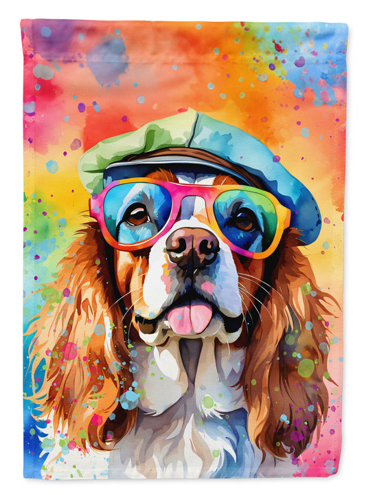 Cavalier Spaniel Hippie Dawg Garden Flag – Retro Dog with Sunglasses & Multicolored Background