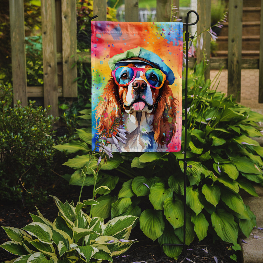 Cavalier Spaniel Hippie Dawg Garden Flag – Retro Dog with Sunglasses & Multicolored Background