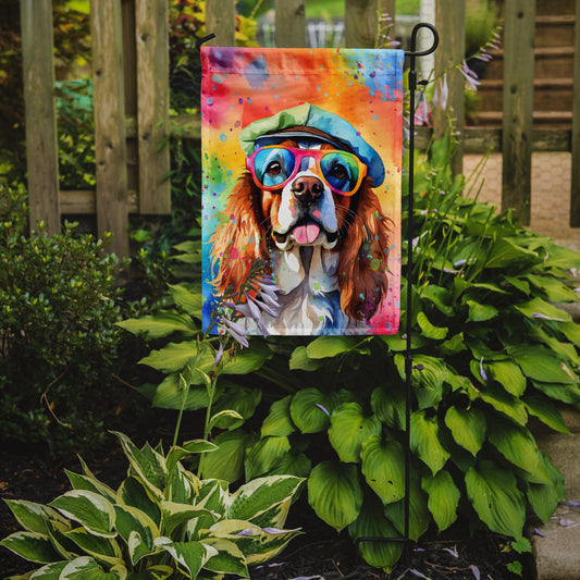 Cavalier Spaniel Hippie Dawg Garden Flag – Retro Dog with Sunglasses & Multicolored Background