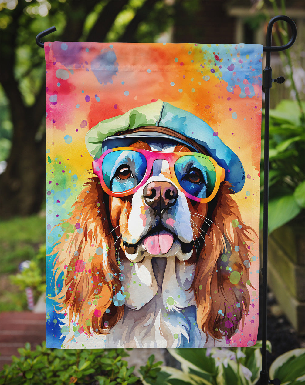 Cavalier Spaniel Hippie Dawg Garden Flag – Retro Dog with Sunglasses & Multicolored Background