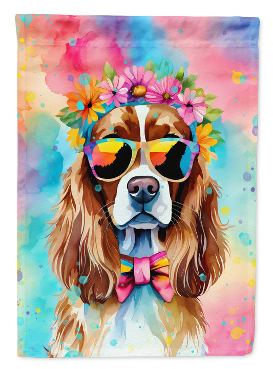 Cavalier Spaniel Hippie Dawg Garden Flag – Retro Dog with Sunglasses & Multicolored Background