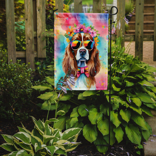 Cavalier Spaniel Hippie Dawg Garden Flag – Retro Dog with Sunglasses & Multicolored Background