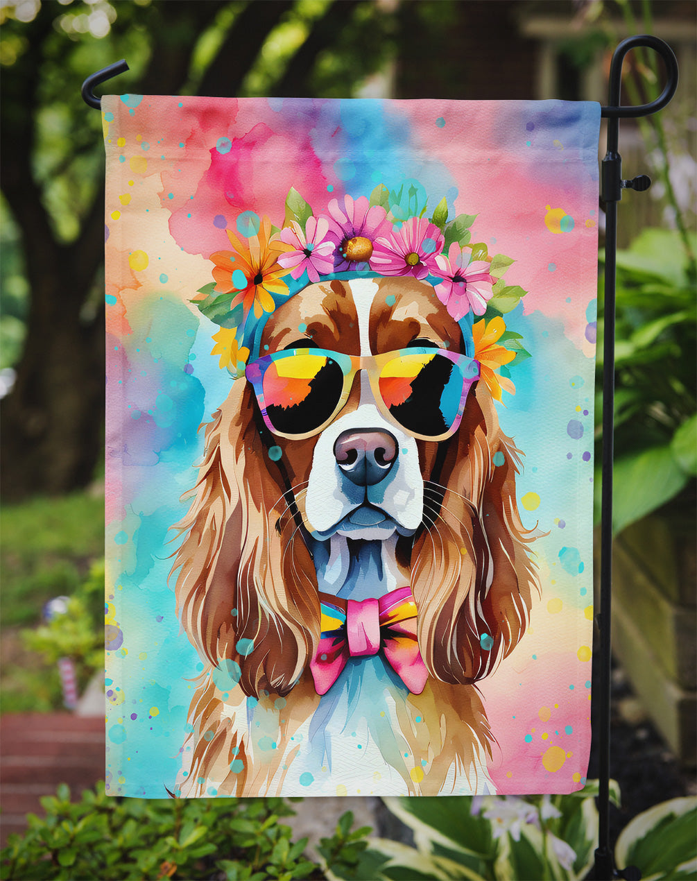 Cavalier Spaniel Hippie Dawg Garden Flag – Retro Dog with Sunglasses & Multicolored Background