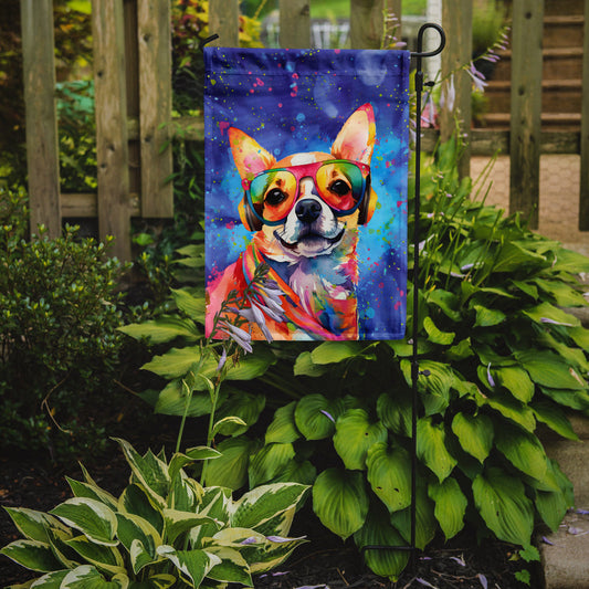 Chihuahua Hippie Dawg Garden Flag – Retro Dog with Sunglasses & Multicolored Background