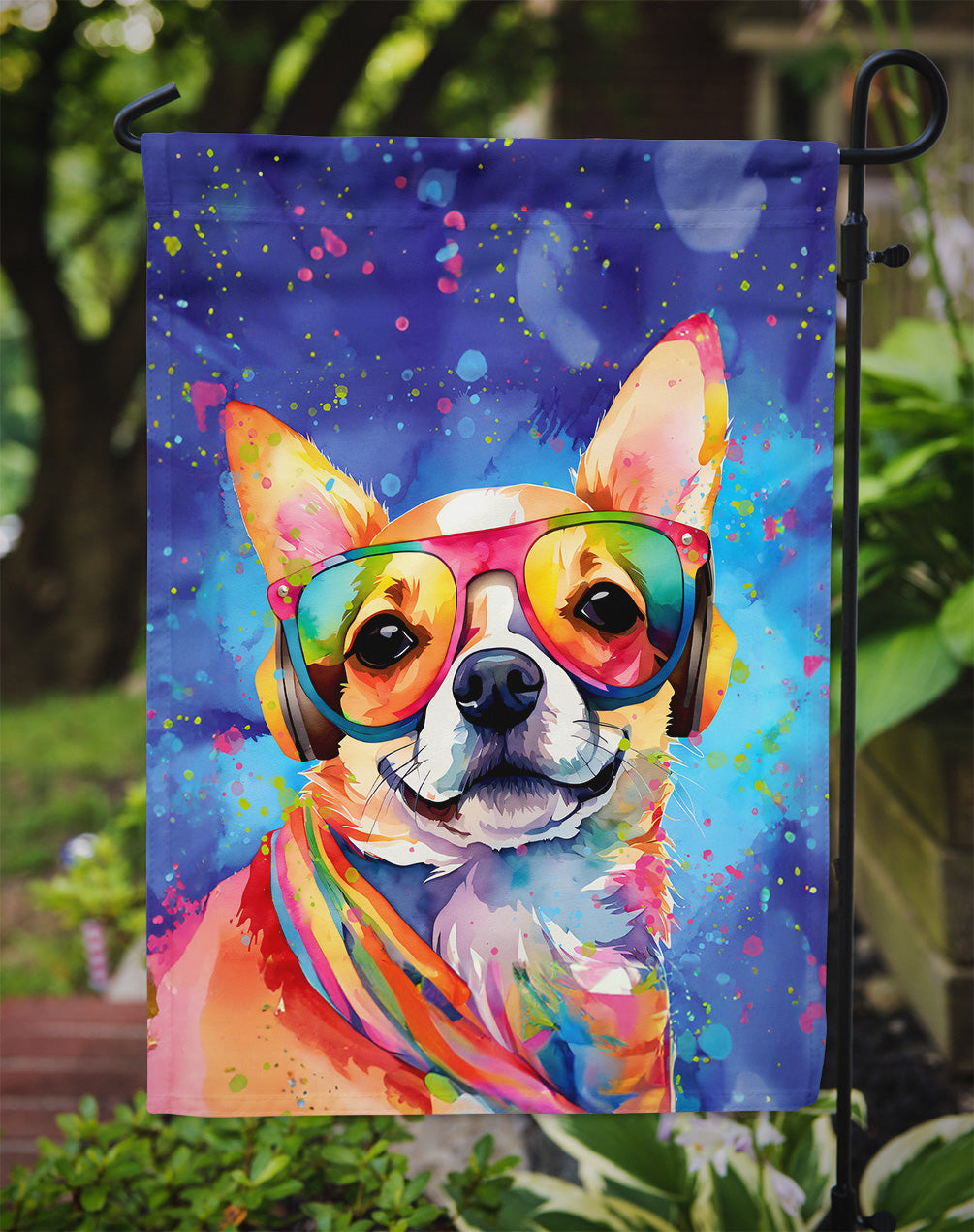 Chihuahua Hippie Dawg Garden Flag – Retro Dog with Sunglasses & Multicolored Background