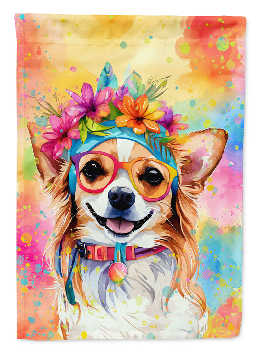 Chihuahua Hippie Dawg Garden Flag – Retro Dog with Sunglasses & Multicolored Background