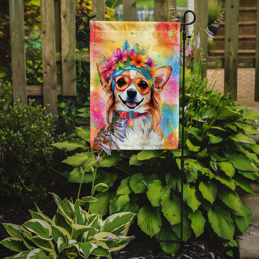 Chihuahua Hippie Dawg Garden Flag – Retro Dog with Sunglasses & Multicolored Background