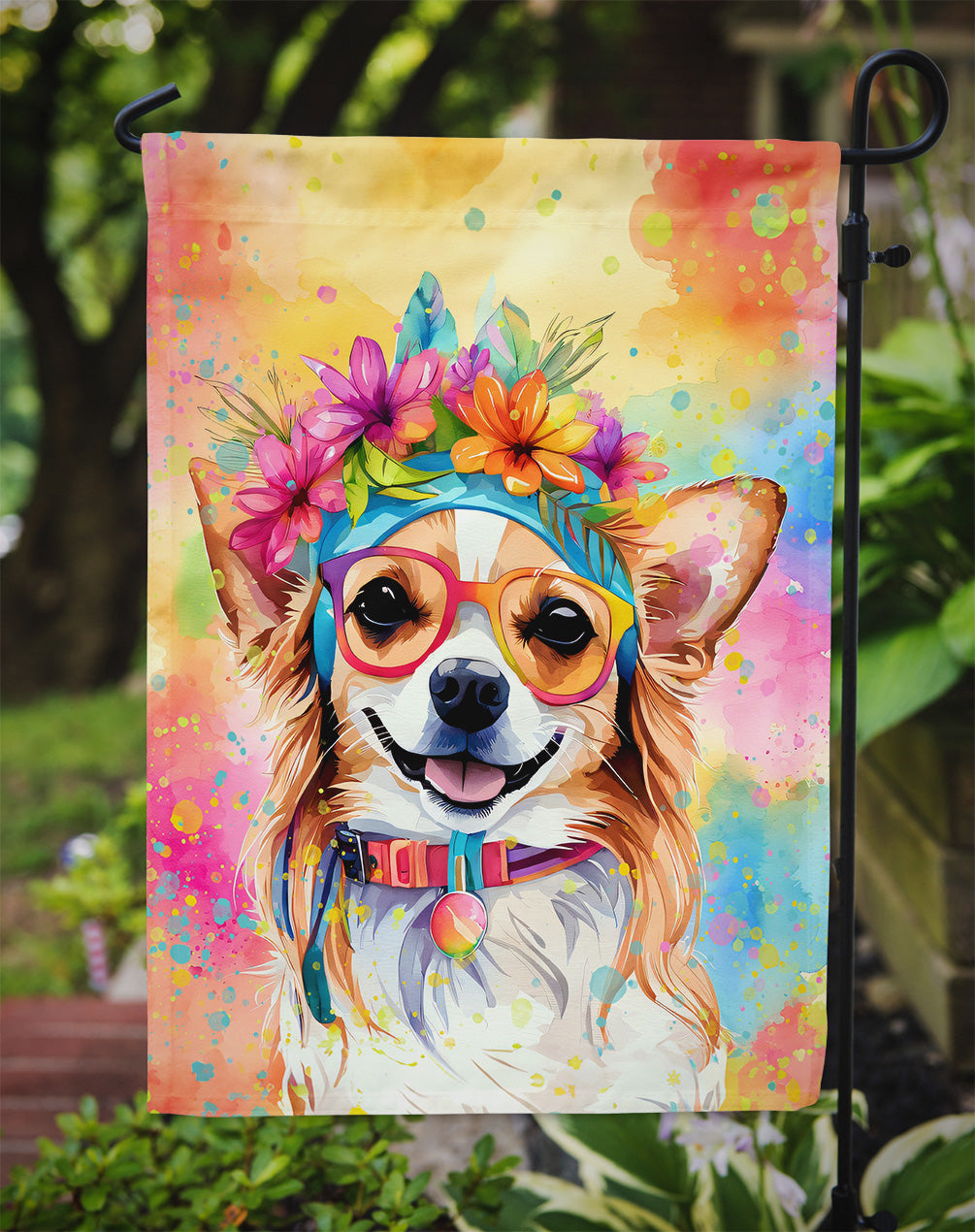 Chihuahua Hippie Dawg Garden Flag – Retro Dog with Sunglasses & Multicolored Background