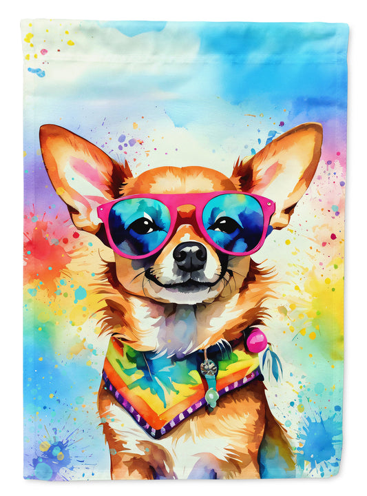 Chihuahua Hippie Dawg Garden Flag – Retro Dog with Sunglasses & Multicolored Background