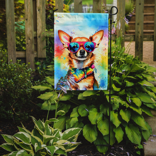 Chihuahua Hippie Dawg Garden Flag – Retro Dog with Sunglasses & Multicolored Background
