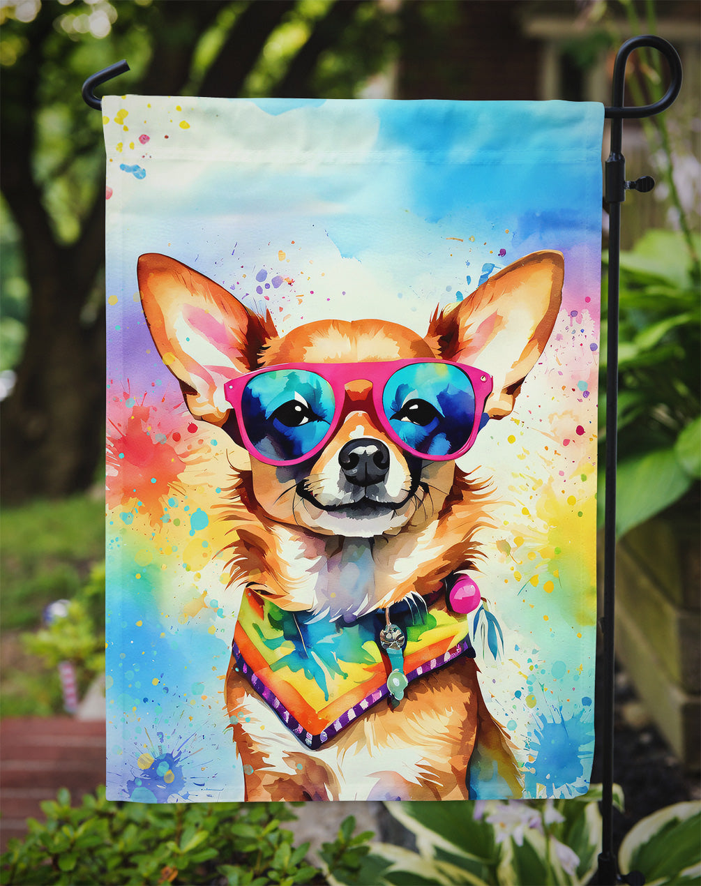 Chihuahua Hippie Dawg Garden Flag – Retro Dog with Sunglasses & Multicolored Background