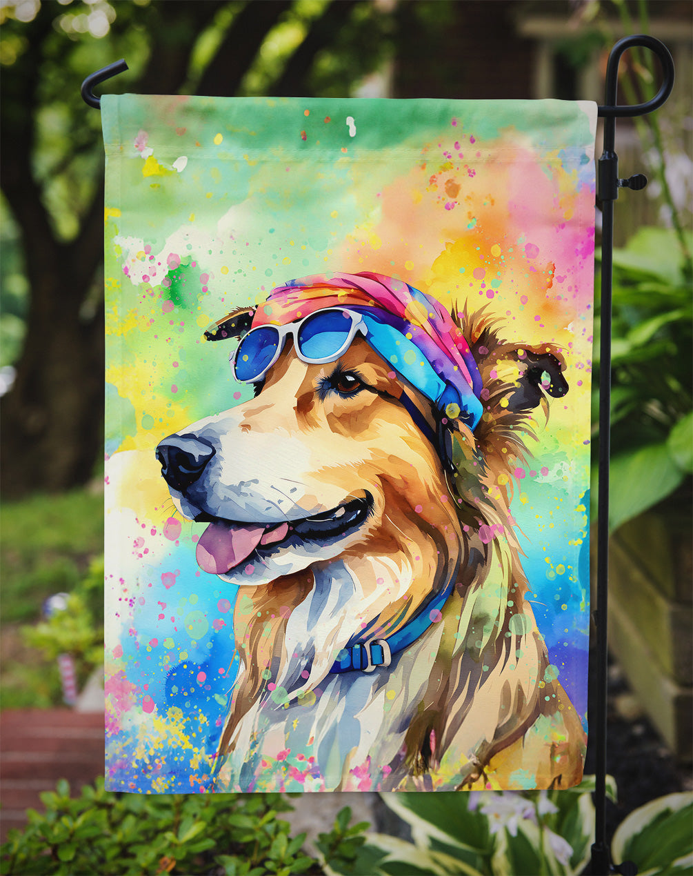 Collie Hippie Dawg Garden Flag – Retro Dog with Sunglasses & Multicolored Background