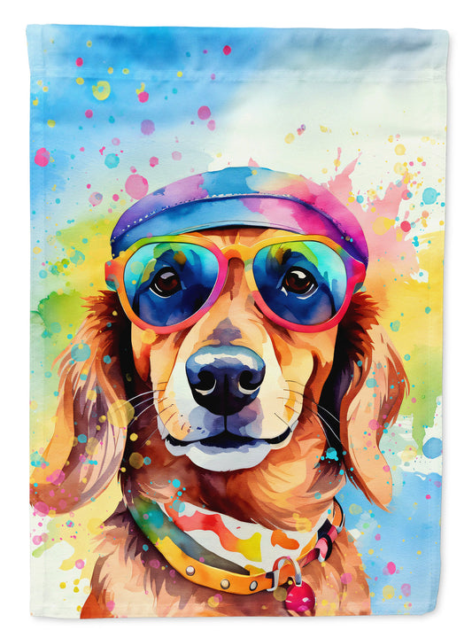 Dachshund Hippie Dawg Garden Flag – Retro Dog with Sunglasses & Multicolored Background