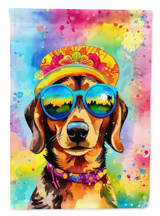 Dachshund Hippie Dawg Garden Flag – Retro Dog with Sunglasses & Multicolored Background